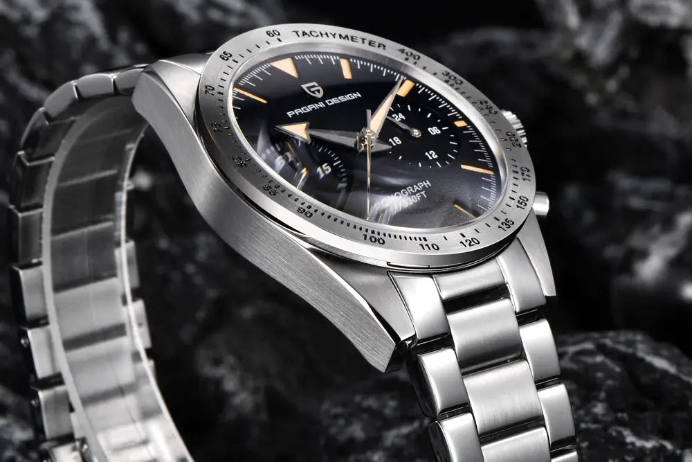 Pagani Design watch, retro luxury quartz men's stainless steel chronograph with black dial and sapphire crystal