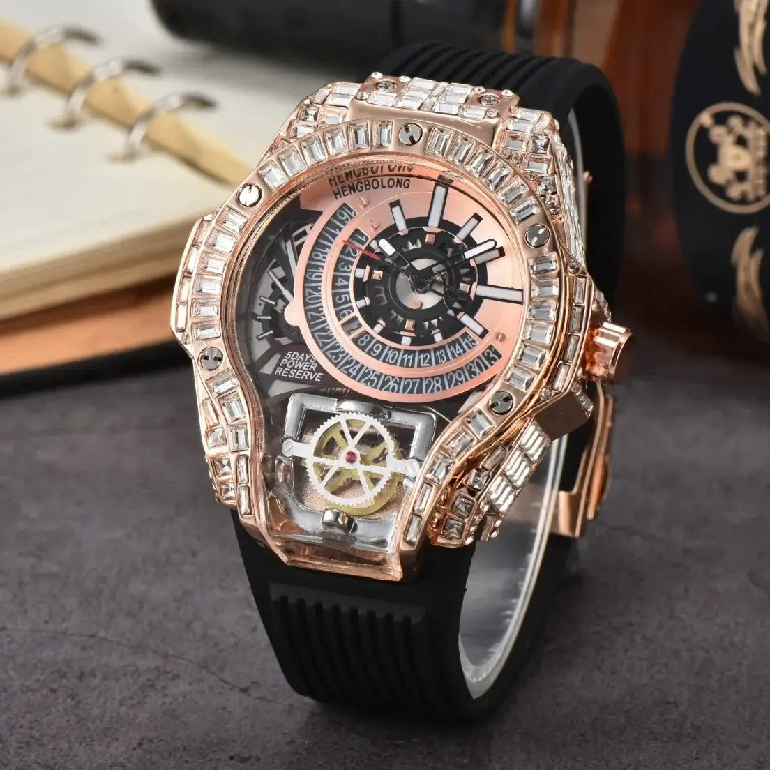 Men's luxury diamond watch with rose-gold case, black rubber strap, and skeleton dial