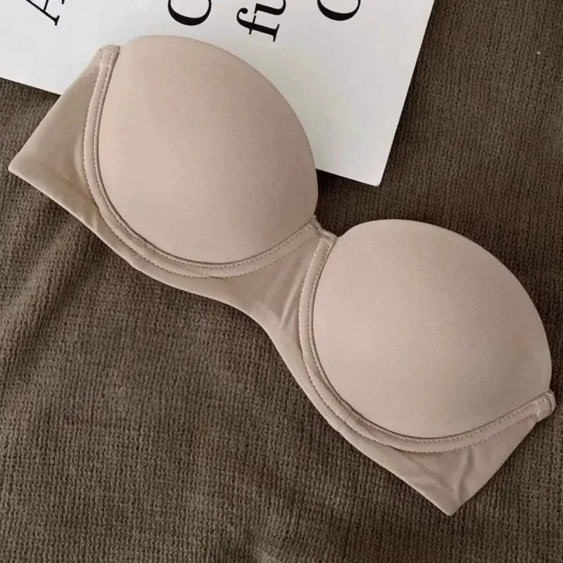 Simples Market beige seamless strapless half-cup push-up bra, non-wire, 2-hook back.