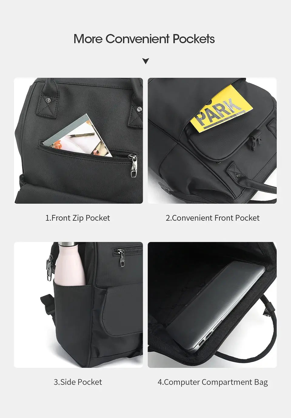 Tigernu New Ladies Casual Backpack for Women, black splashproof TPU, with front zip pocket, side pocket, laptop sleeve