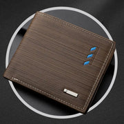Men's brown striped leather wallet with two-fold money clip, blue diamond card slots, and Simples Market