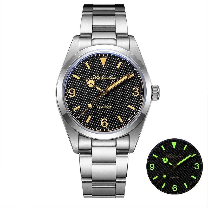 Addiesdive men's analog watch with stainless steel bracelet, black textured dial, luminous hands, 100m water resistant.