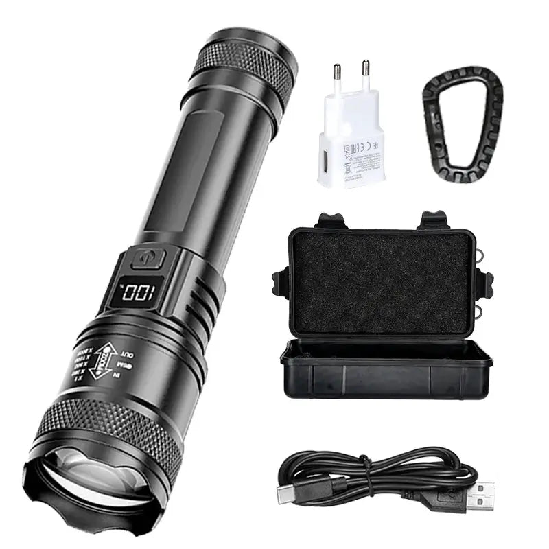 Black rechargeable LED flashlight with LCD display, zoomable, 3 modes, waterproof; includes charger, USB cable, carabiner, hard case.