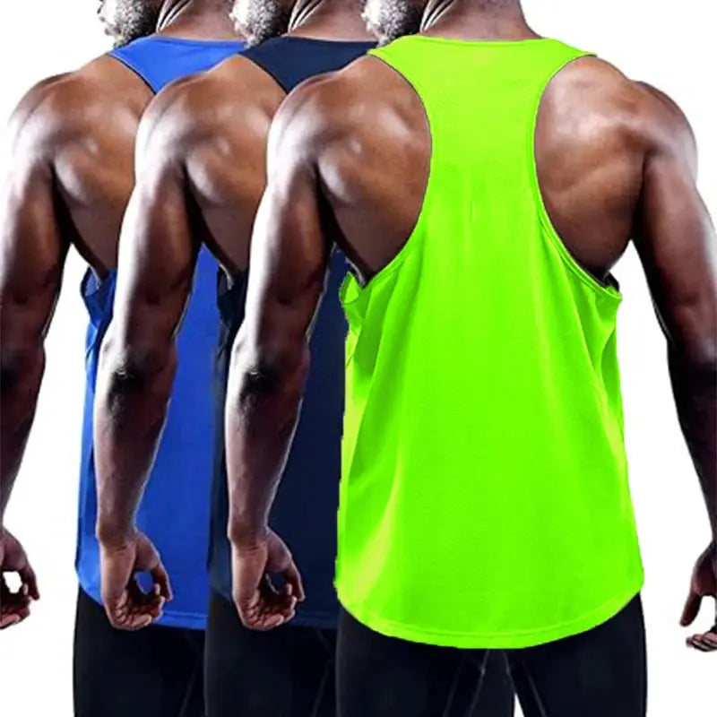 Men's running tank tops set by Simples Market - quick-dry sleeveless gym vests in neon green, blue, navy (3-pack)