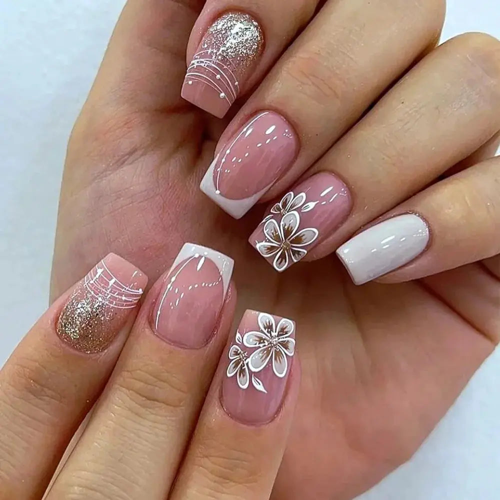 GlamNail Pro 24Pcs Short Square Coffin Press On Nails Set With Glue French Glitter Ballet Style
