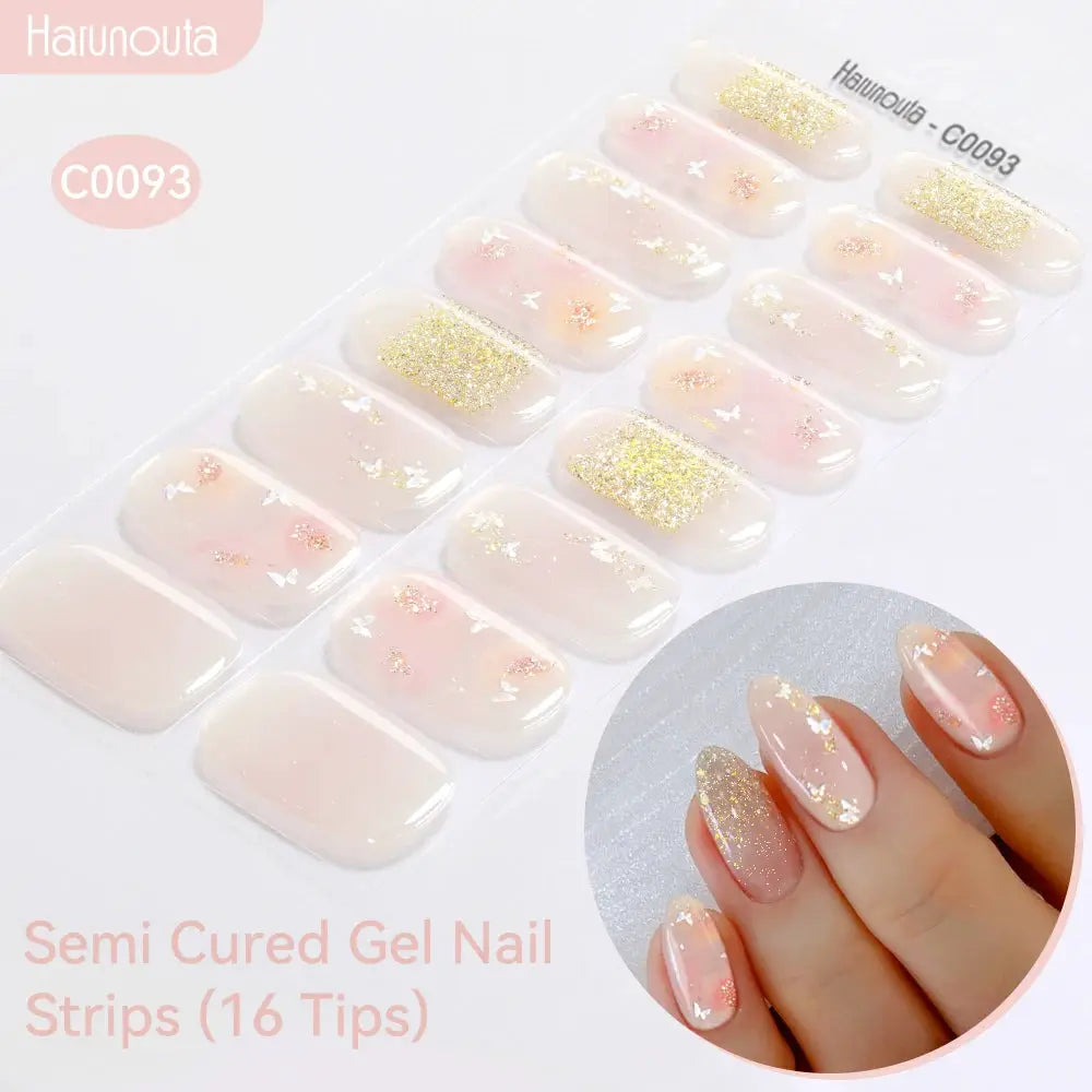 Harunouta Gradient Auroras semi-cured gel nail strips, 16 tips, pink nude with gold glitter accents