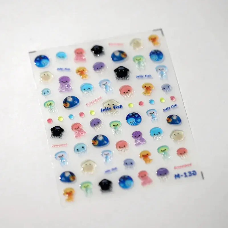 Nail art stickers sheet featuring colorful jellyfish designs, 5D self-adhesive decals for manicure by Simples Market
