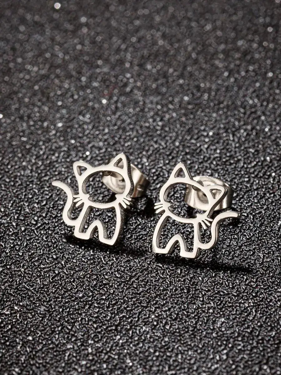 One Pair Cute Cat Stainless Steel Stud Earrings For Men Women Punk Students Gift Trendy Fashion Small Ear Studs Jewelry