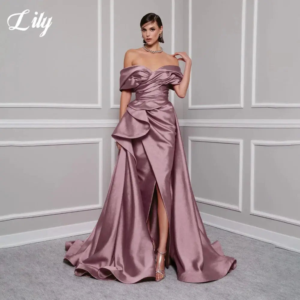 Lily Red Satin Prom Gown Off Shoulder Party Dress Pleated Side Split