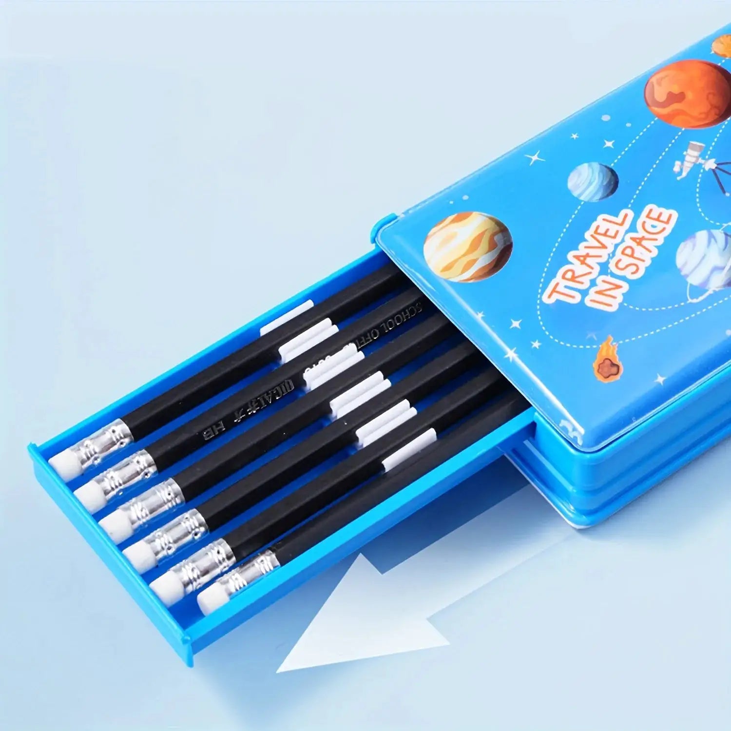 Kids multifunctional pencil case by Simples Market, blue space-themed tin with pencils