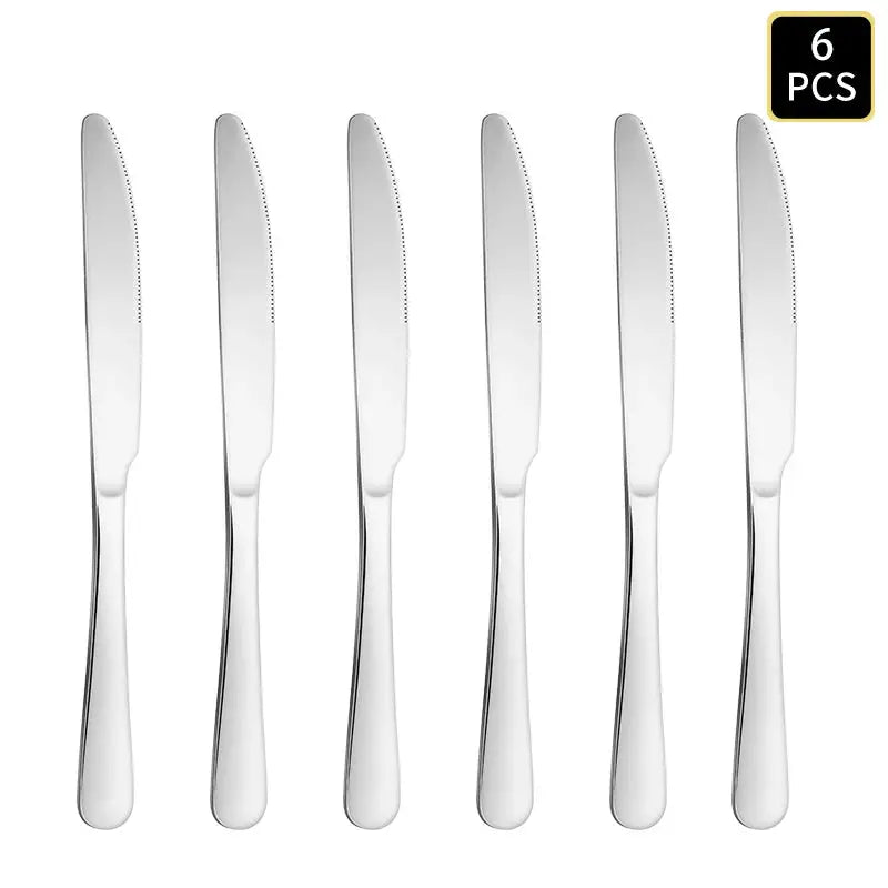 4 6 16 24 Piece Set Silver Stainless Steel Cutlery With 1010 Round Handle Knife Fork Spoon For Family Dinners And Hotels