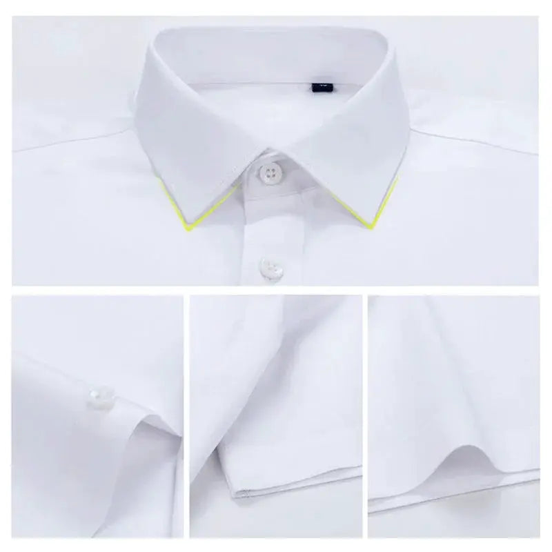 Premium men's long-sleeve dress shirt by Simples Market; white with neon-yellow collar trim