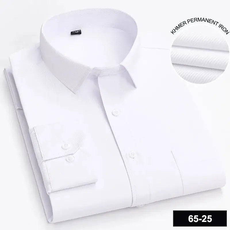Men's white long-sleeve dress shirt, folded, classic collar, solid color
