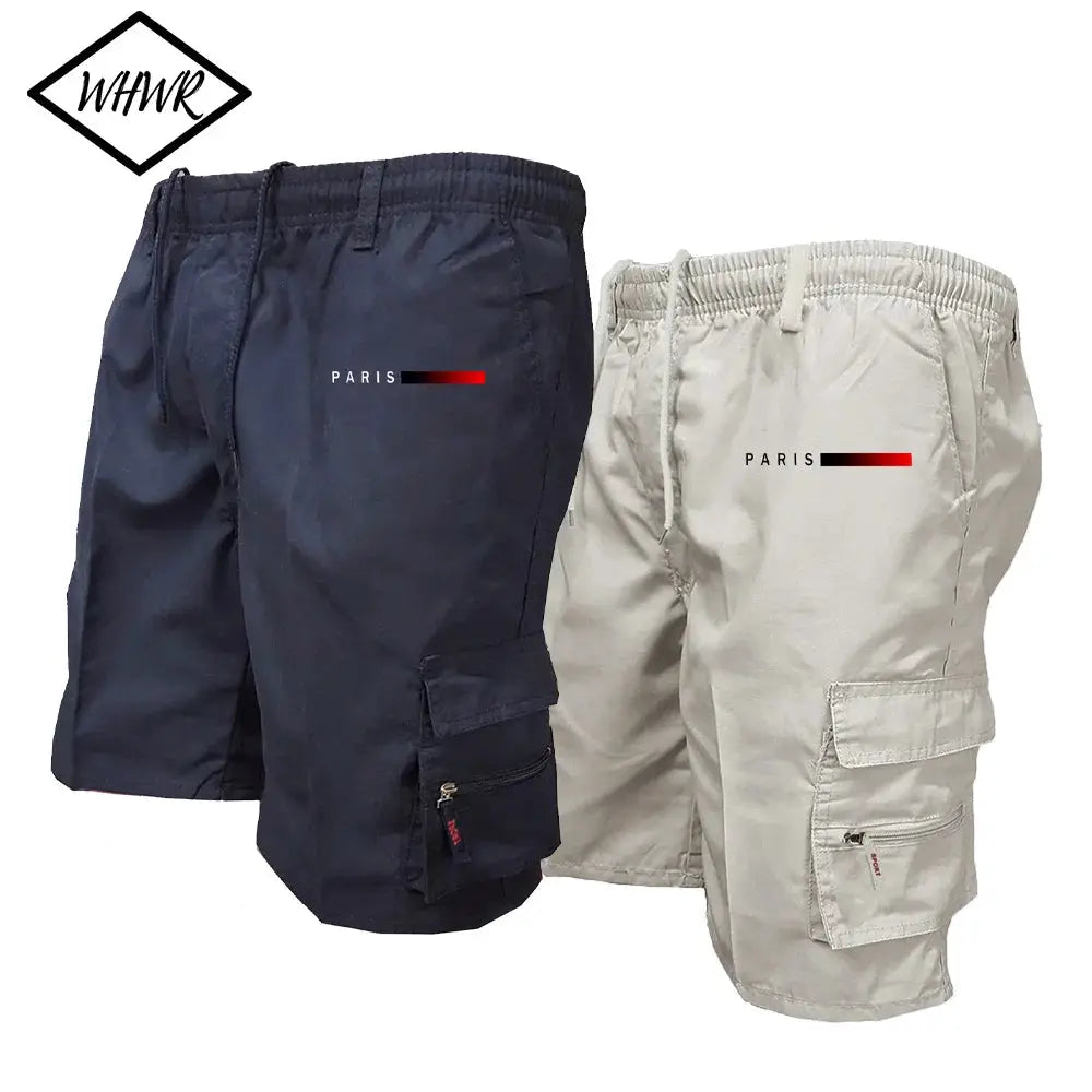 Two pairs of men's tactical cargo shorts in navy and beige with elastic waists and cargo pockets, Simples Market