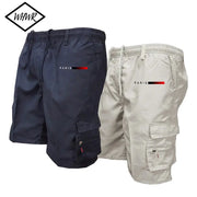 Two pairs of men's tactical cargo shorts in navy and beige with elastic waists and cargo pockets, Simples Market