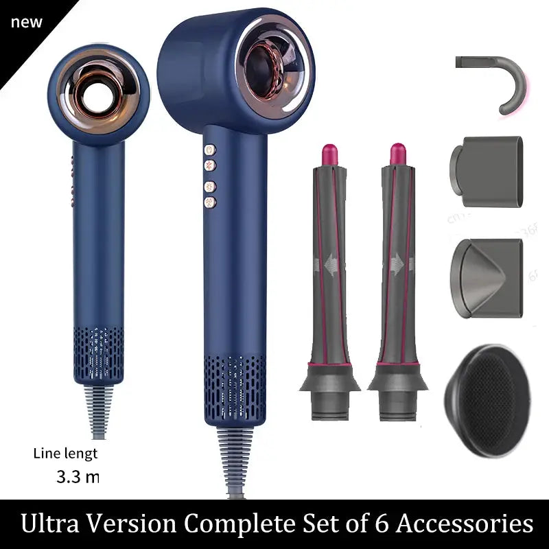 Simples Market blue 220V hair dryer with negative ion tech; complete 6-accessories set and 3.3 m cord