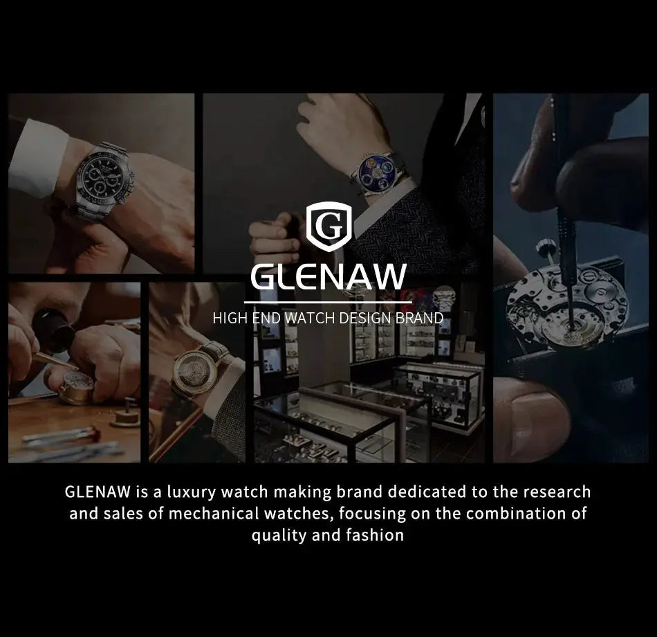 GLENAW Steampunk Skeleton Men's Watch collage; stainless steel strap, luminous dials, waterproof