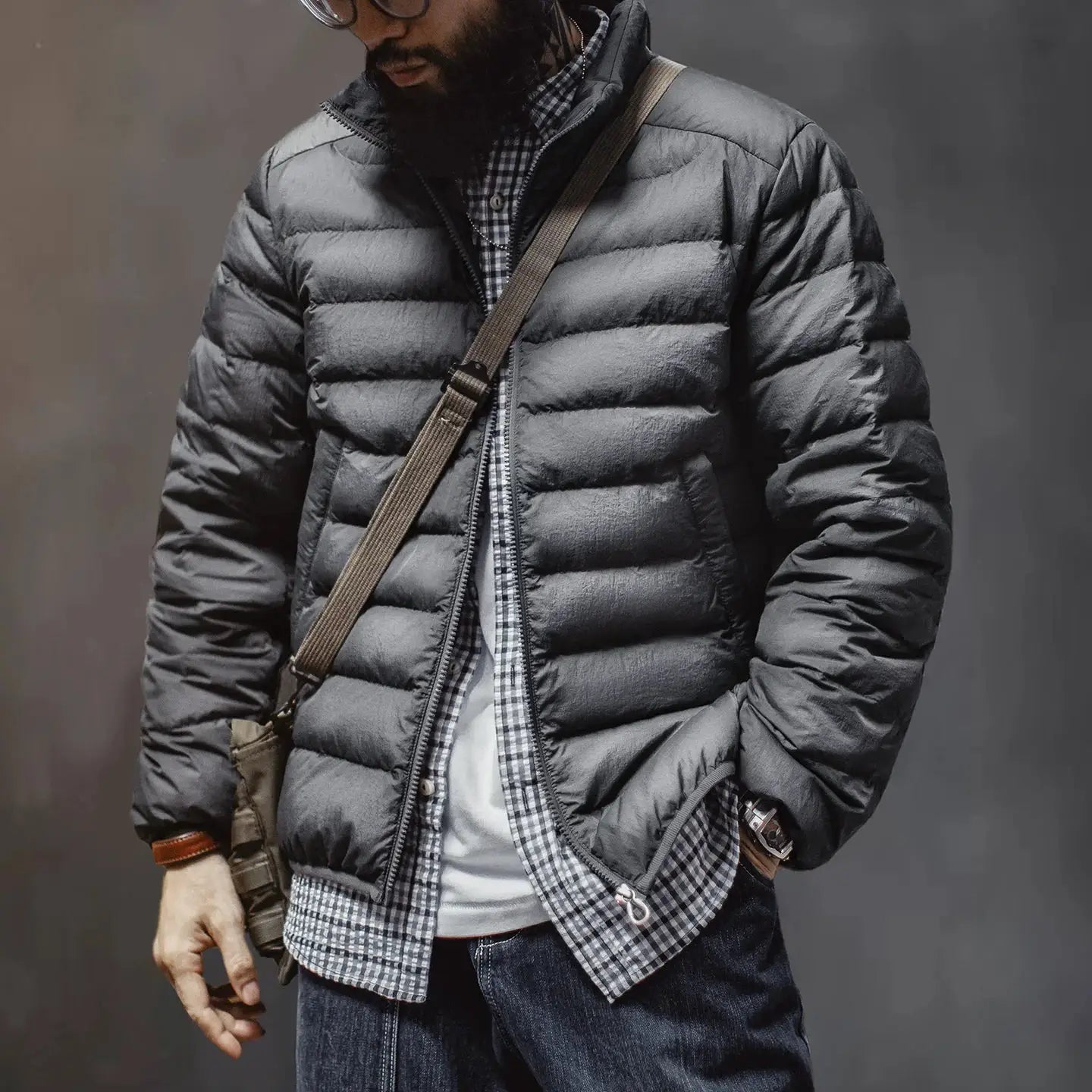 Maden Winter men's stand-up collar down jacket; gray quilted, lightweight coat for fall