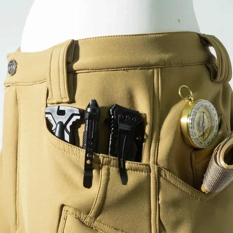 Simples Market men's city cargo fleece softshell hiking pants in tan with tool pockets