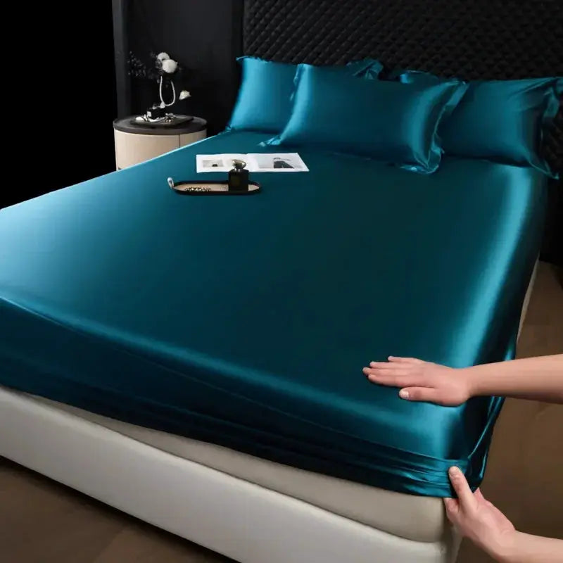 Mulberry silk 3-piece fitted sheet set in teal with matching pillowcases