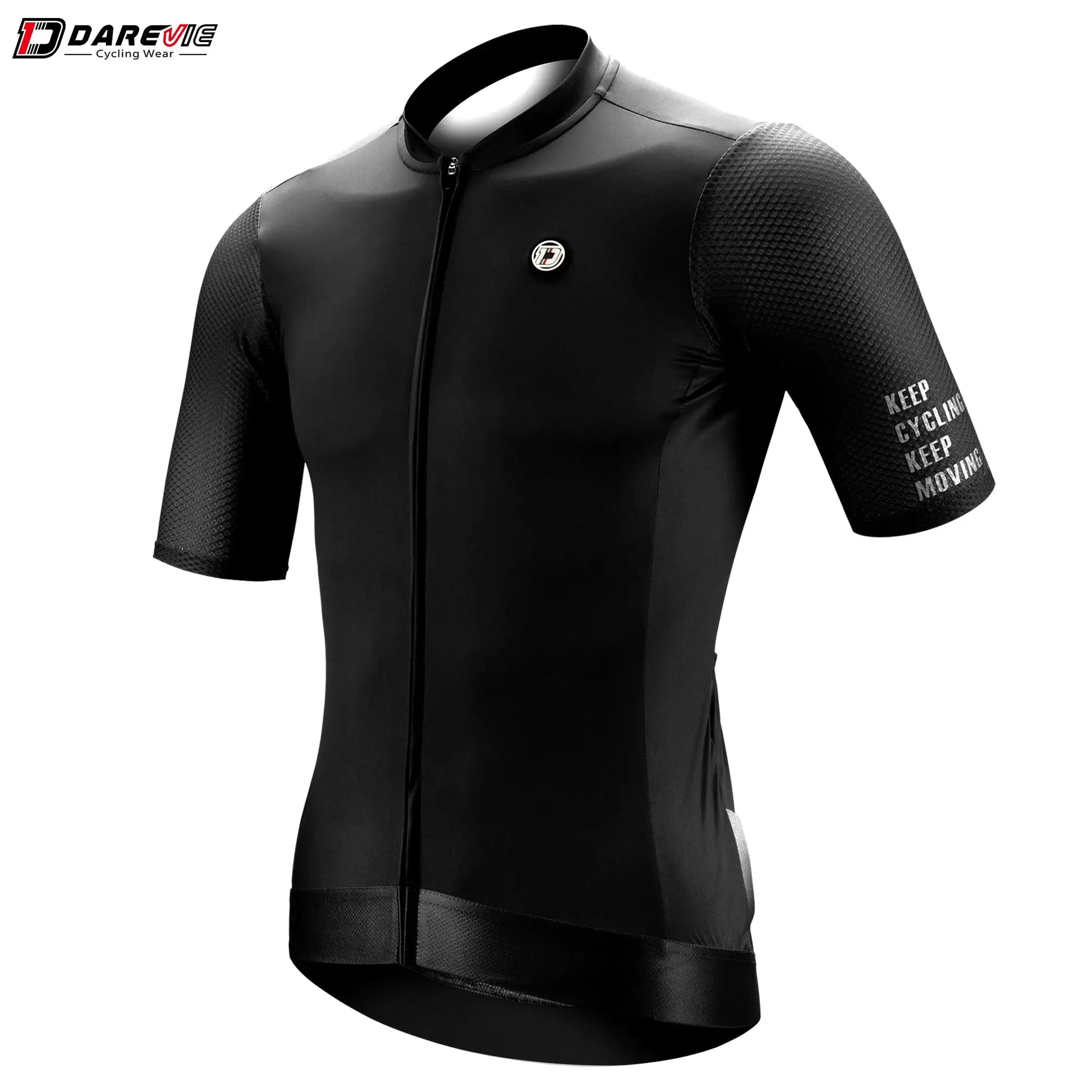 DAREVIE cycling jersey, black long-sleeve with textured sleeves, chest badge, KEEP CYCLING KEEP MOVING on sleeve.
