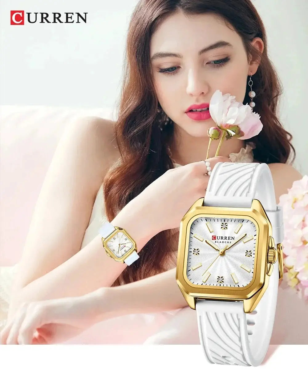 Two Curren watches; ladies' quartz with white straps and gold square bezels, waterproof daily wear.