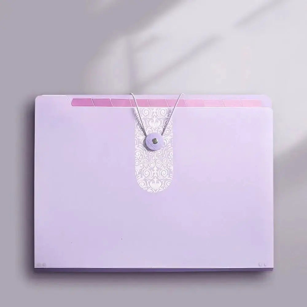 A4 expanding file folder in purple with pink tab dividers and decorative patterned clasp, 8-grid organizer