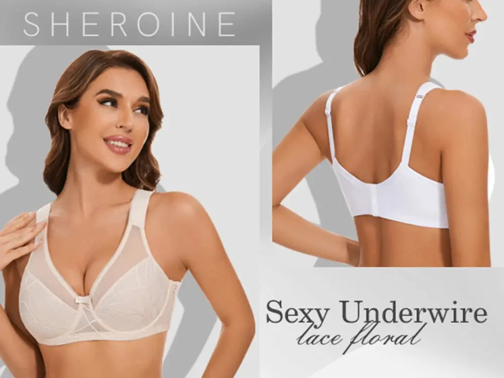Sheroine plus-size underwire bra by Simples Market; beige lace floral front with mesh panels and white back view