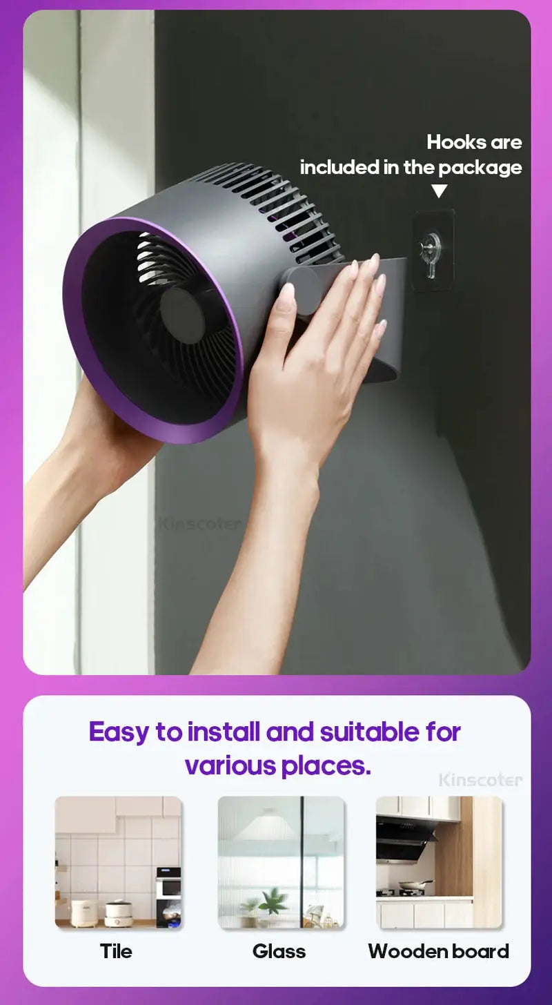 KINSCOTER wall-mount fan circulator with purple rim and black body; wireless portable home ventilator