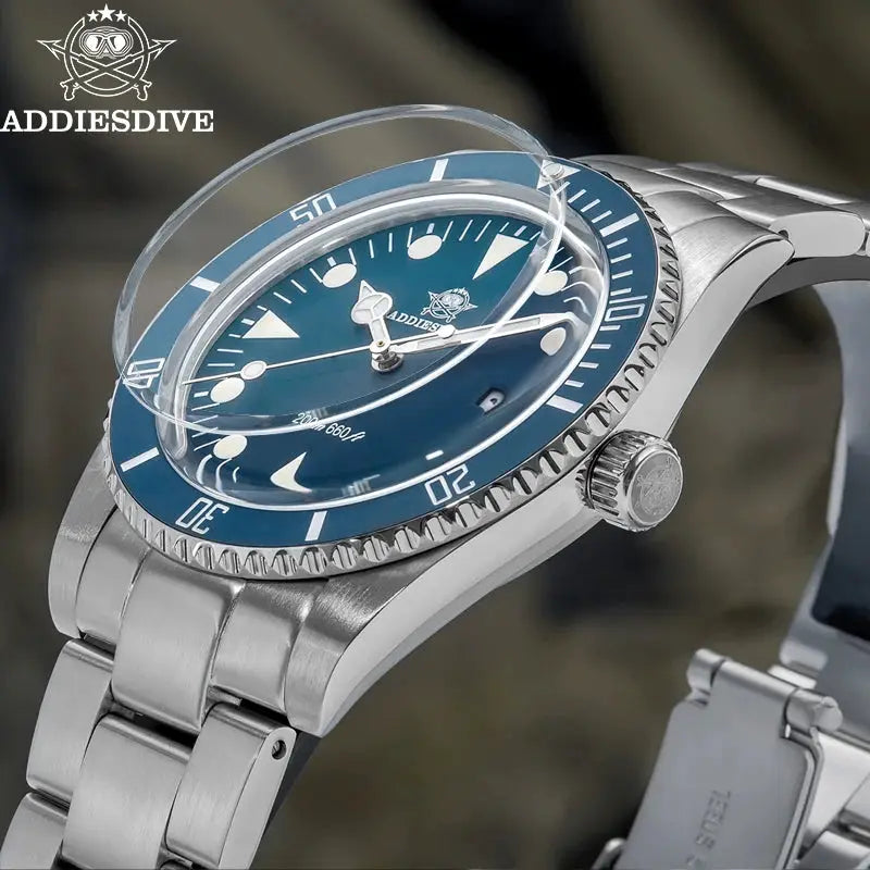 ADDIESDIVE luxury men's analog watch with blue dial, ceramic bezel, bubble mirror glass, stainless steel bracelet