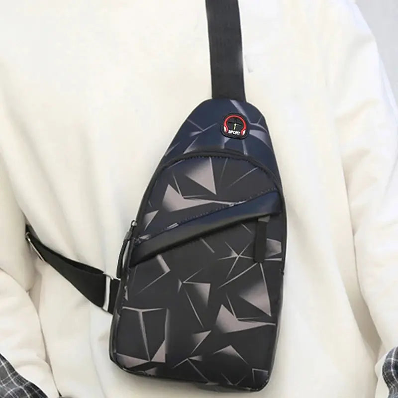 Korean chest bag crossbody satchel with geometric camouflage pattern in black Oxford cloth