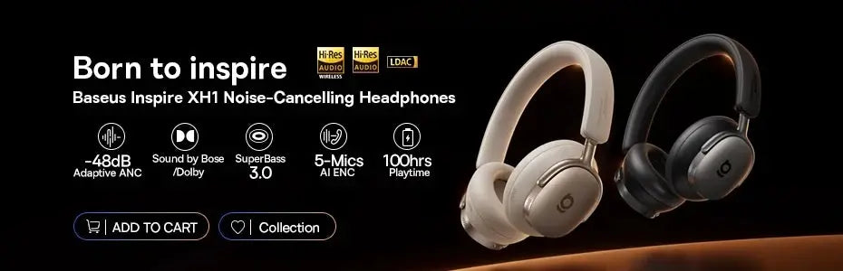 Baseus EH10 NC ANC wireless headphones beige and black with 45dB adaptive hybrid ANC, Hi-Res LDAC, Bluetooth 6.0, 80hrs