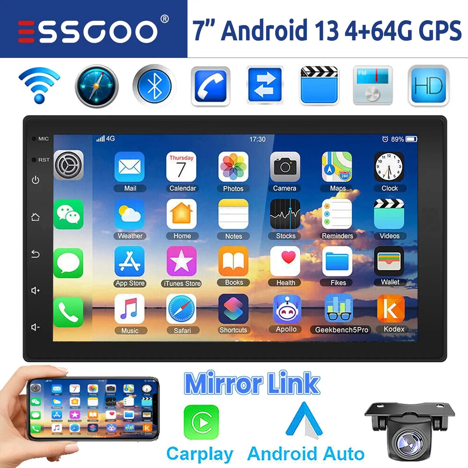 ESSGOO 2-DIN Android car stereo 7/9/10 inch with CarPlay, Android Auto, GPS, Bluetooth, Wi-Fi (Simples Market)