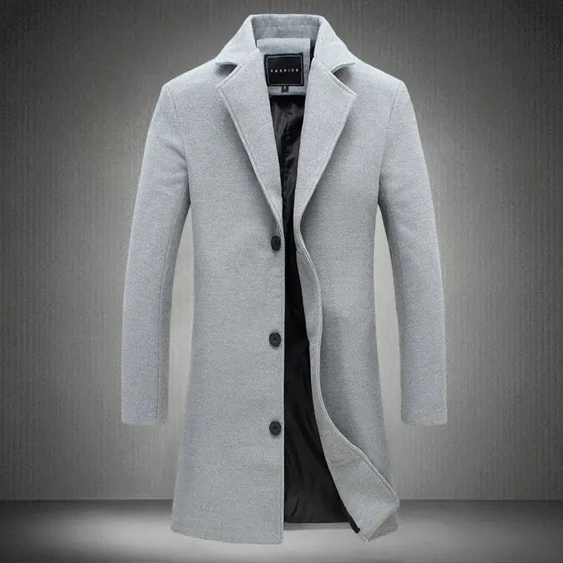 Men's grey wool overcoat with lapel, mid-length, single-breasted business outerwear