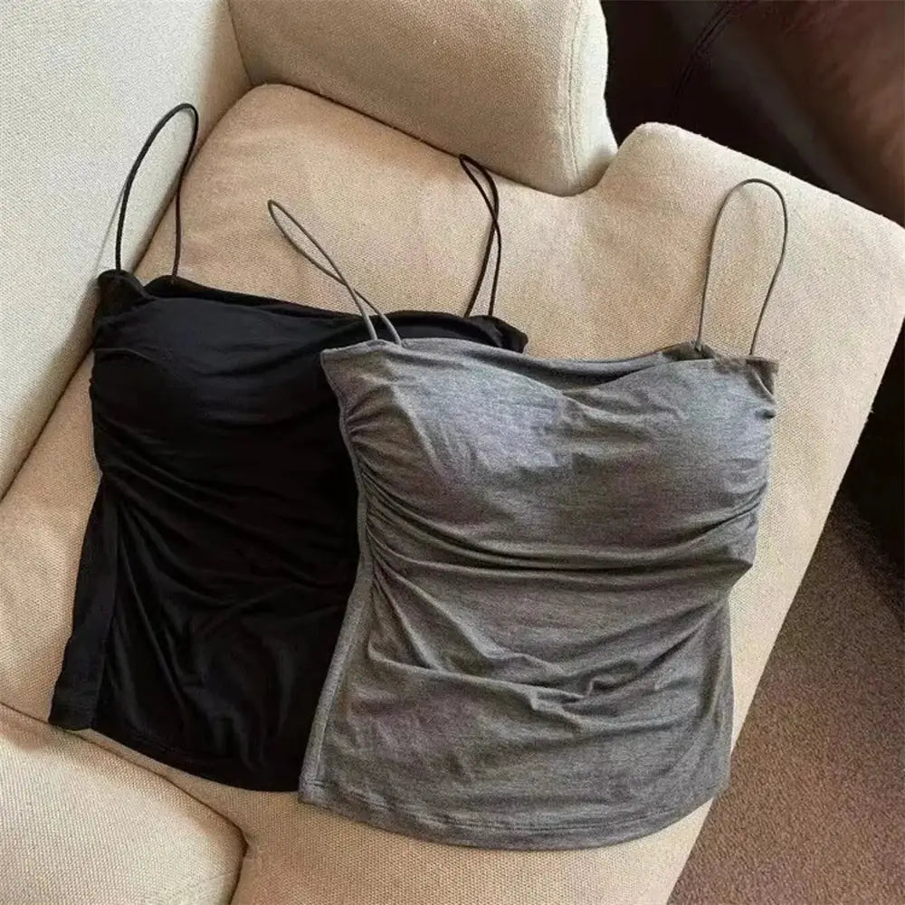 Sexy Short Top With Waist Pleated Corset Vest Soft Chest Support Thin Straps Solid Color