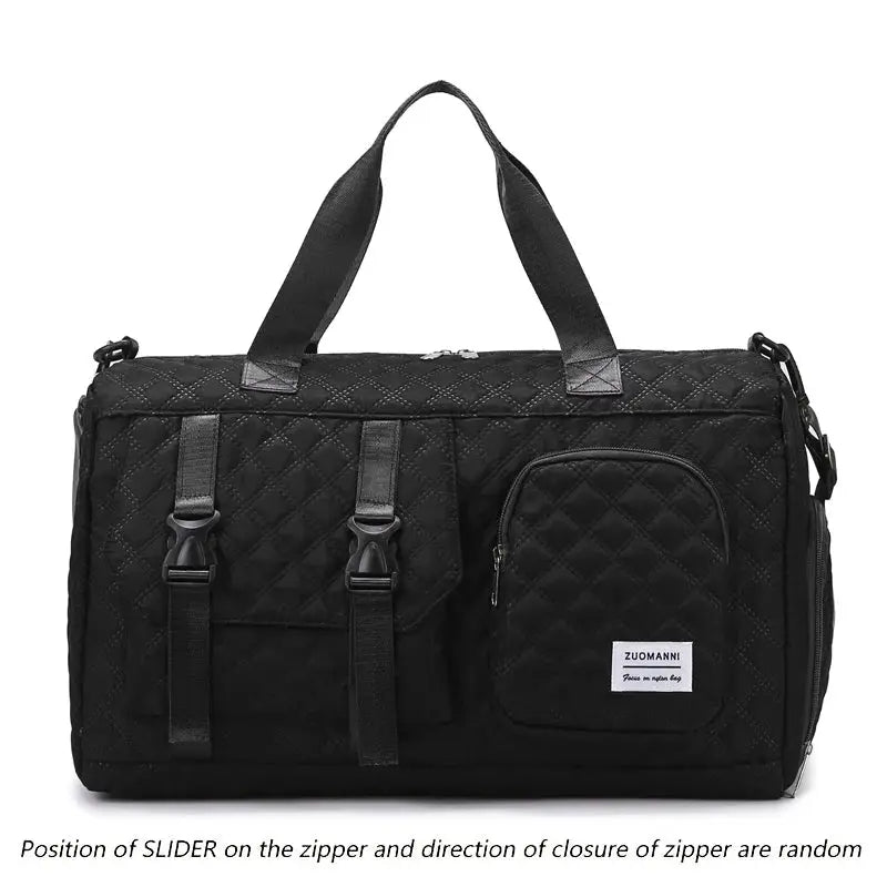 Durable Nylon Travel Duffle Bag by Simples Market, black quilted duffle with top handles and front zip pocket