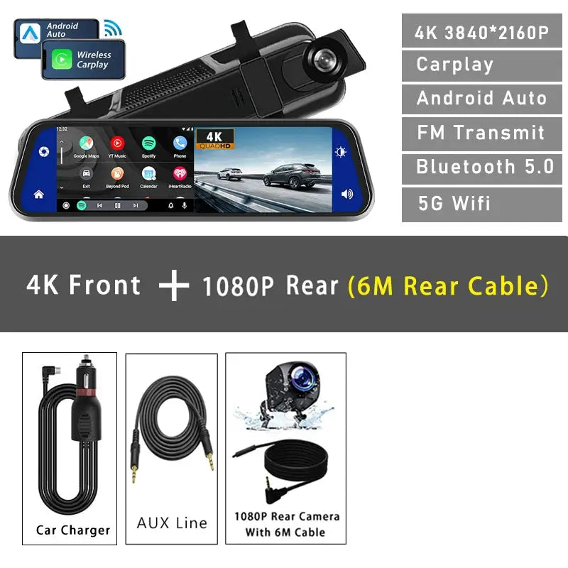 10In Dash Cam 4K 3840x2160P CarPlay Android Auto GPS WiFi Rear Mirror