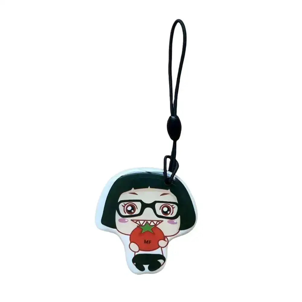 RFID key tag keychain with cartoon girl design; waterproof white plastic pendant and black strap