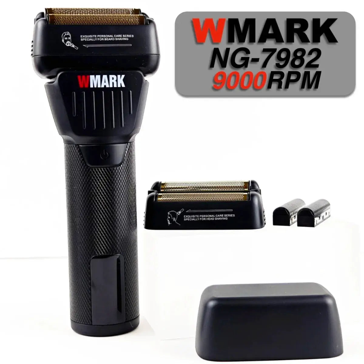 WMARK NG-7982 professional hair trimmer with 9000 RPM LCD display, titanium-plated double blade, black with stand