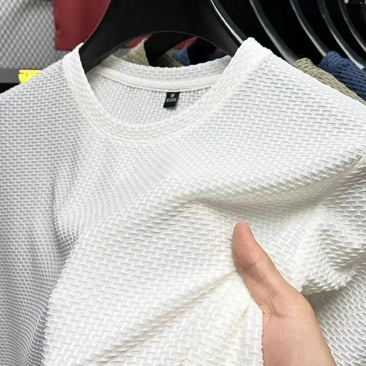 Mens Short Sleeve Mesh Bamboo Ice Silk T Shirt Casual Versatile Summer Elastic Slimming Top For Men