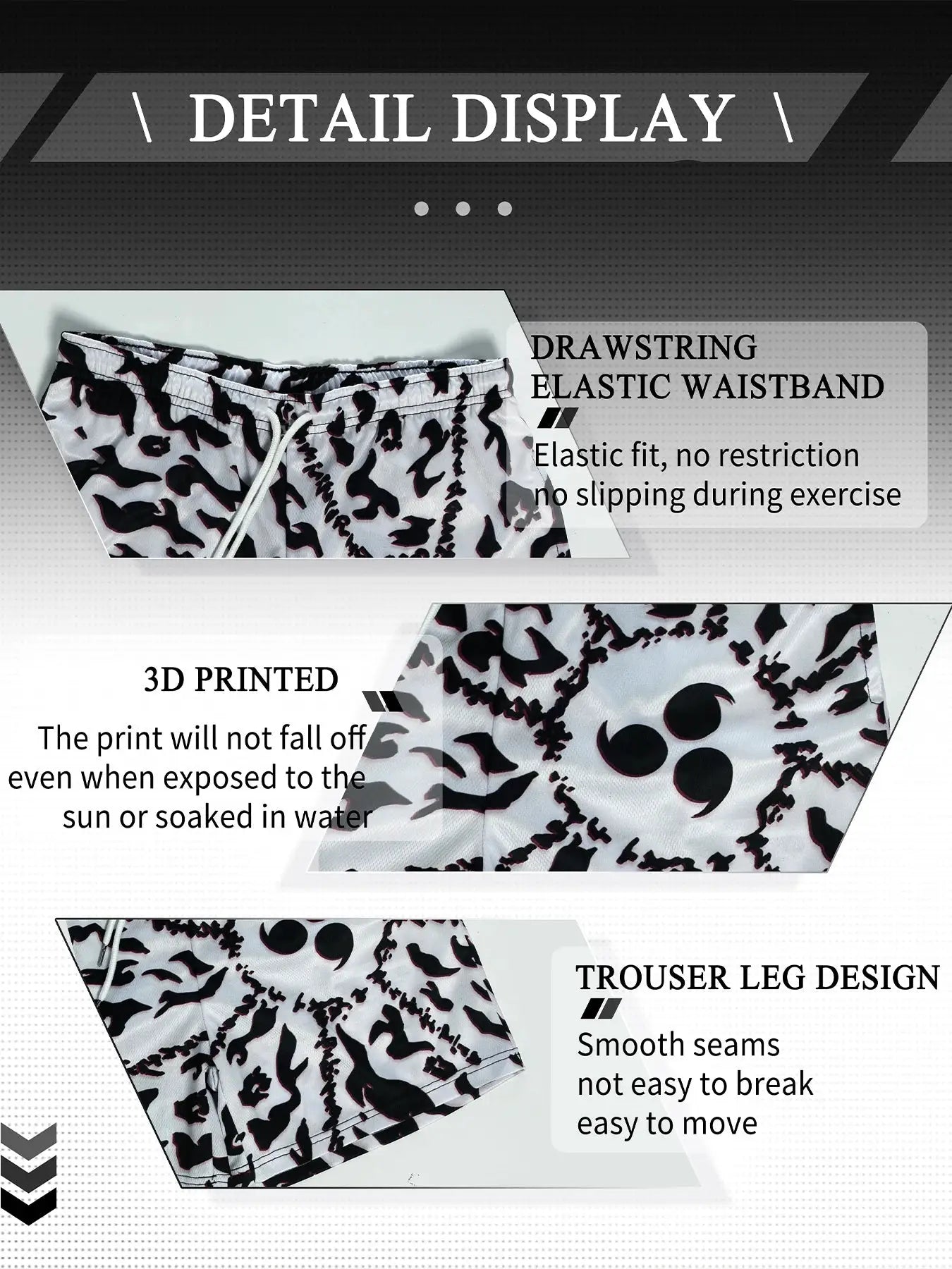 Anime print men's running shorts by Simples Market with elastic drawstring waist, white base with black pattern, quick-dry fabric.