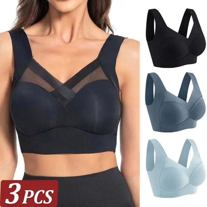3Pcs Simples Market women’s seamless lace bralette set in black, blue-gray, and light blue; wireless backless design.