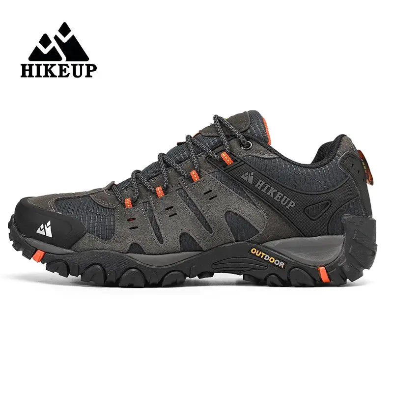 HIKEUP men's hiking shoes in dark grey suede leather with orange accents and rugged outsole