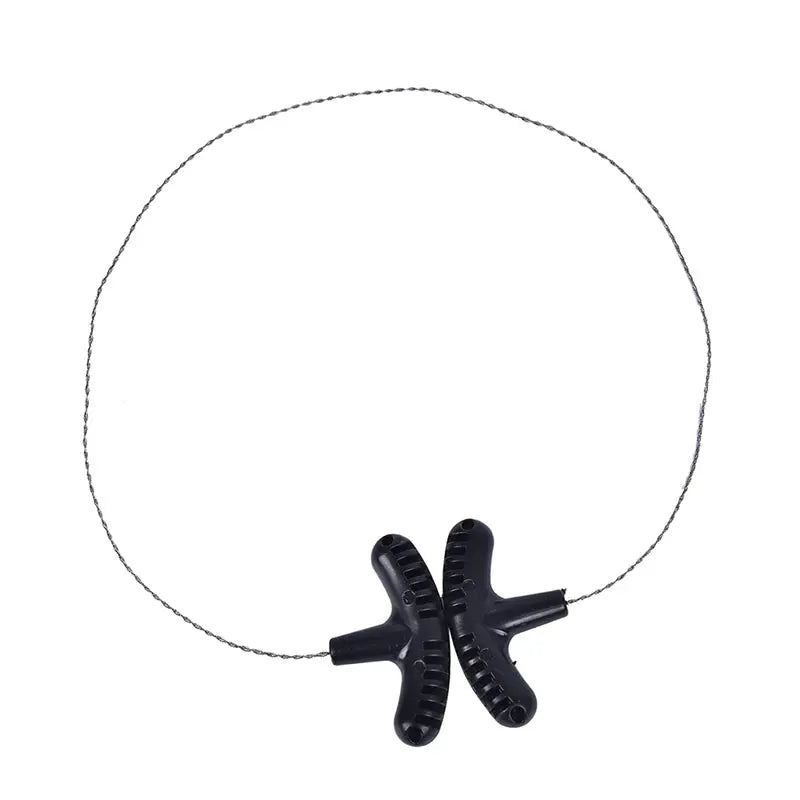 Manual hand chain saw with steel wire loop and black plastic handles for camping and survival use