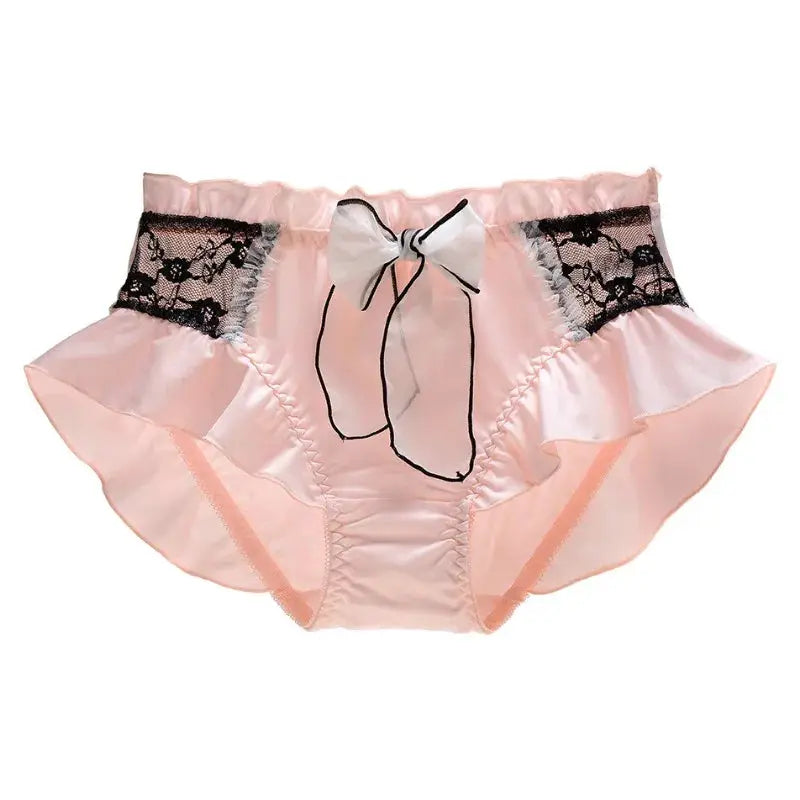 Panties pink satin with black lace panels and a white bow, ruffle trim, breathable underwear by Simples Market