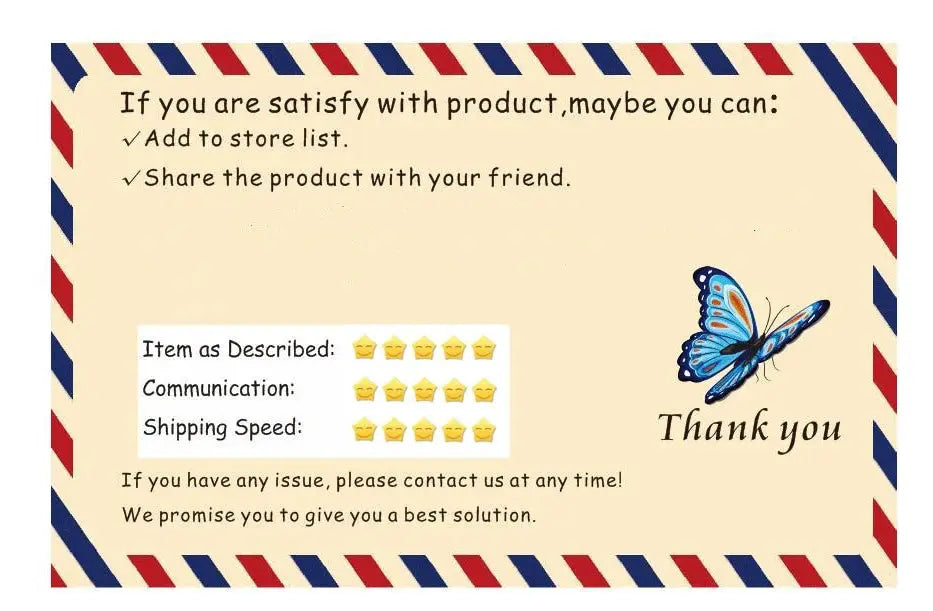 Thank you card with beige background, red-blue striped border, and blue butterfly illustration
