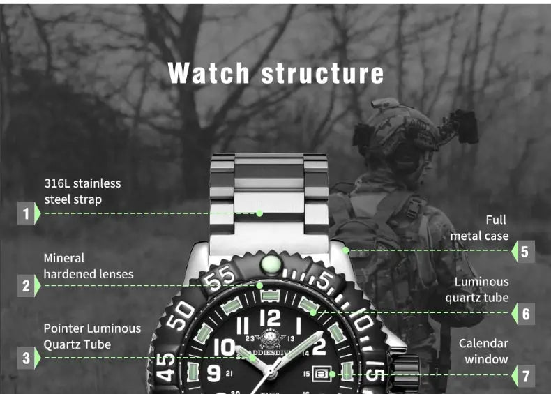 Simples Market Addies Dive men's watch with stainless steel strap, black dial, rotating bezel and calendar window