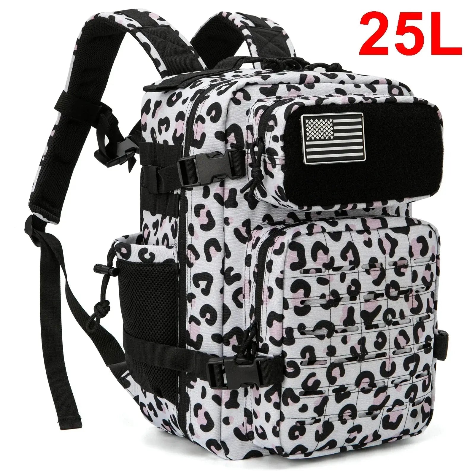 Tactical backpack 25L/45L leopard-print with water bottle holder and American flag patch, black straps