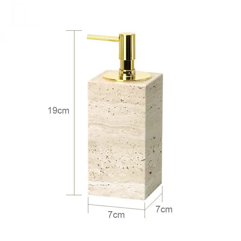 Beige travertine soap dispenser with gold pump, 19cm tall