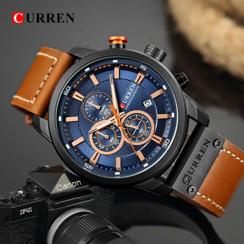 CURREN 8291 men's quartz chronograph watch with blue dial and brown leather strap